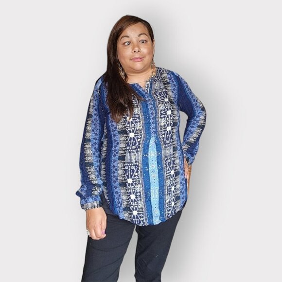 NINE WEST JEANS WOMENS MEDIUM BLUE PATTERN BLOUSE - Picture 2 of 2